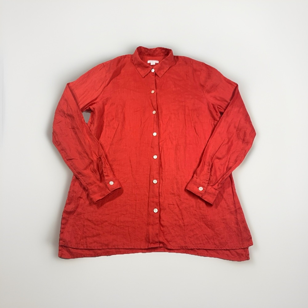J Jill Shirt Womens XS Coral Love Linen Essential Button Lagenlook Coastal Beach